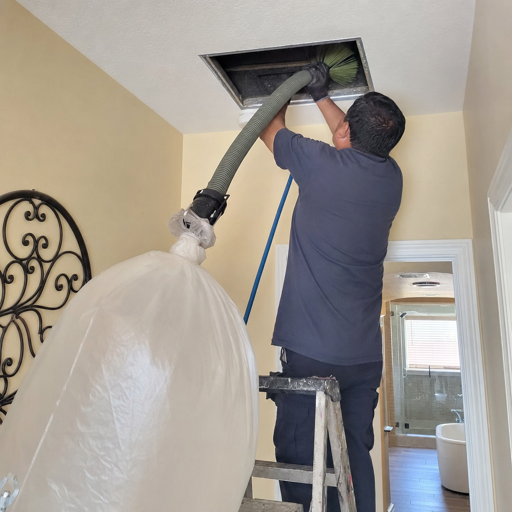 Technician using vacuum brush tool to clean residential ceiling air duct