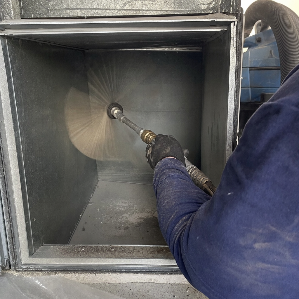 Professional technician performing deep air duct cleaning with rotary brush tool