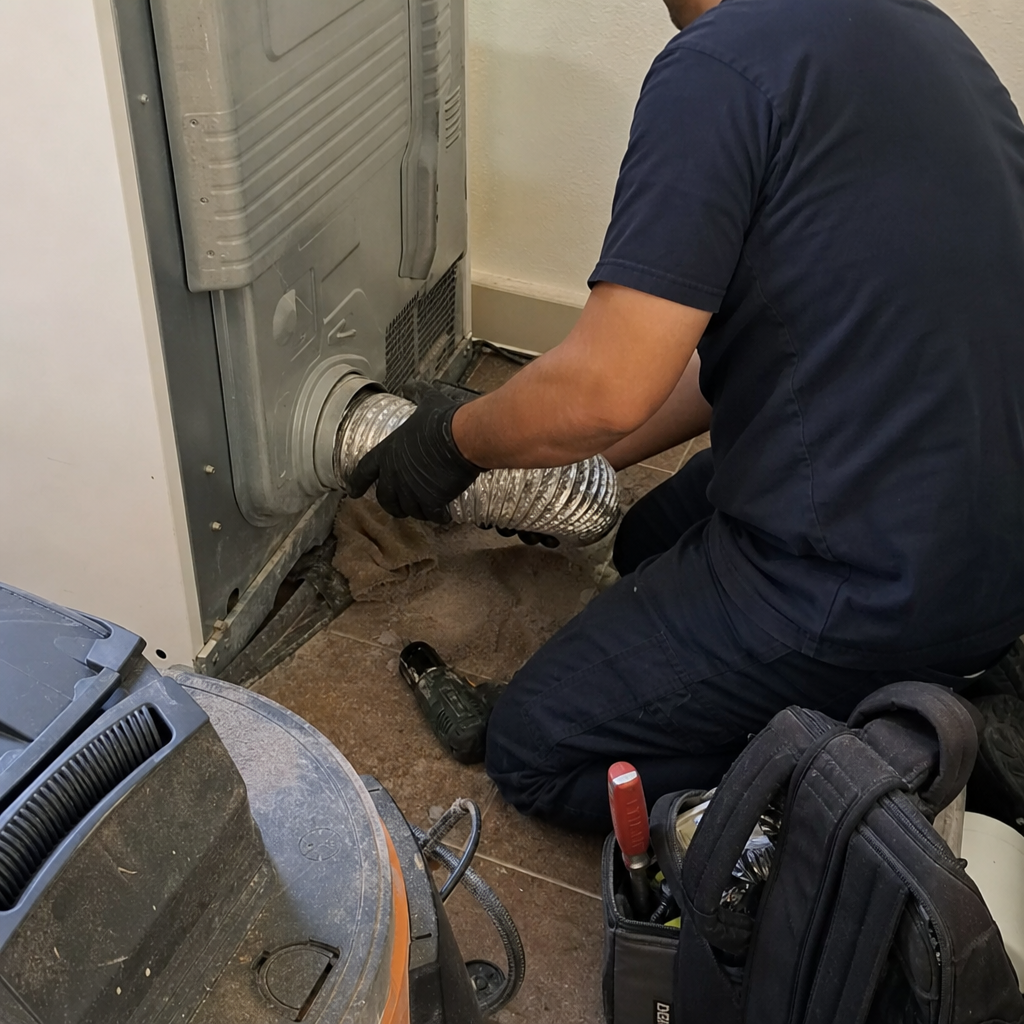 Technician attaching a flexible hose during professional dryer vent cleaning