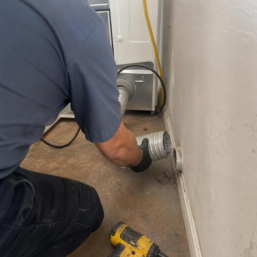 Technician performing professional dryer vent cleaning services