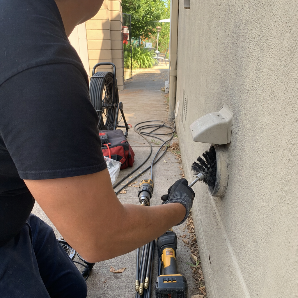 Technician using a rotary brush to clean a residential dryer vent
