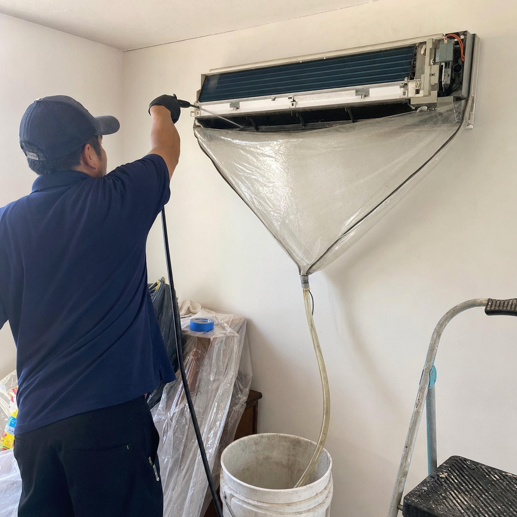 Technician performing professional air conditioner coil cleaning with a drip bag.