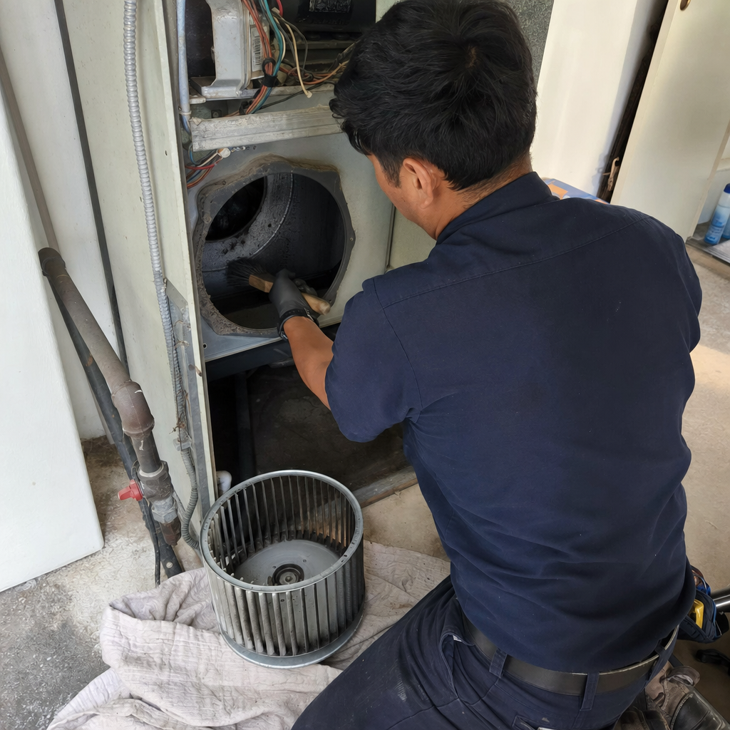 Technician performing professional HVAC system cleaning and furnace maintenance