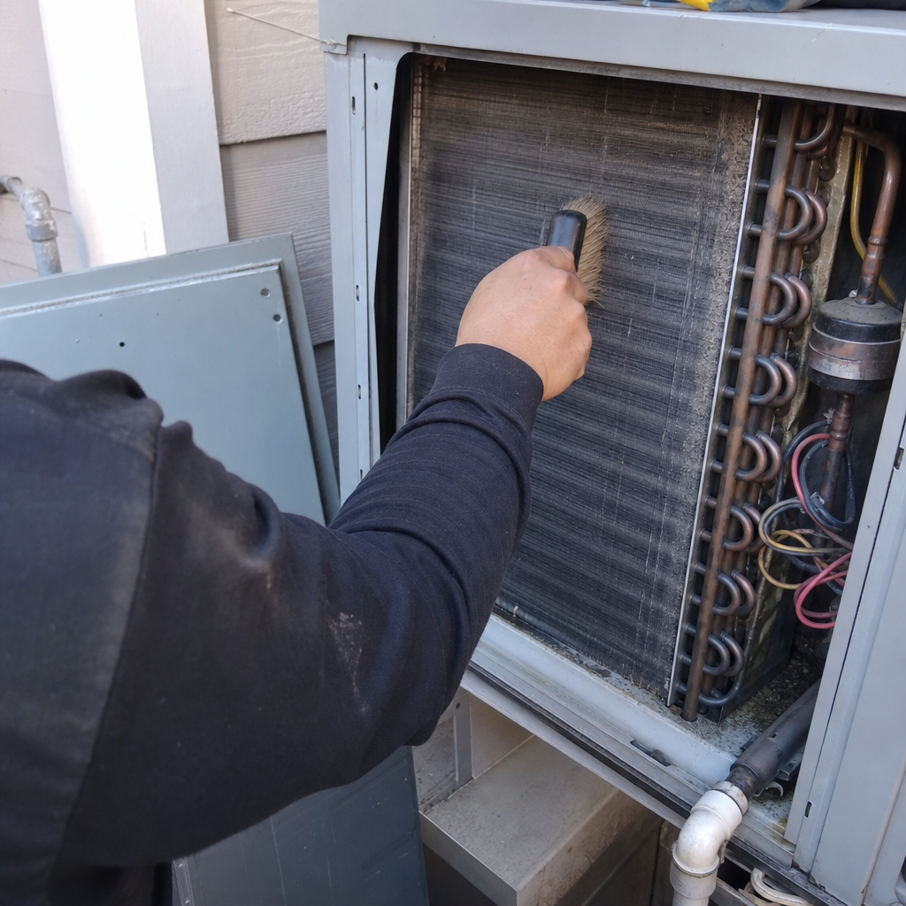 HVAC technician cleaning dusty air conditioner evaporator coils with a brush