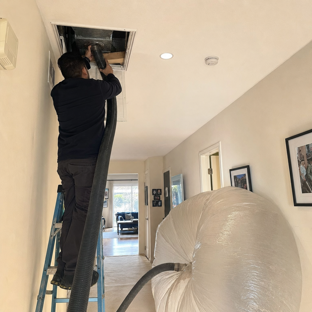 Technician performing professional residential air duct cleaning service
