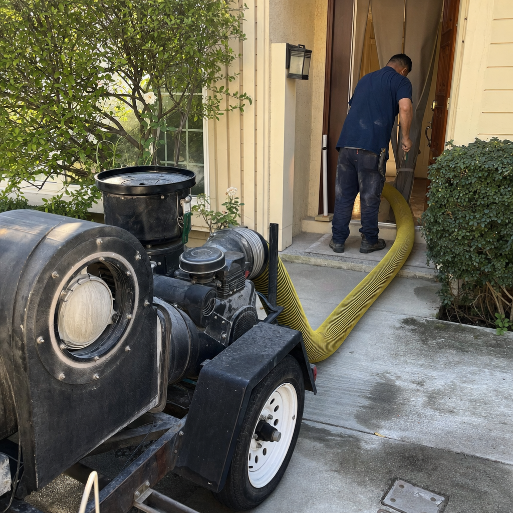 Professional technician using commercial vacuum trailer for air duct cleaning