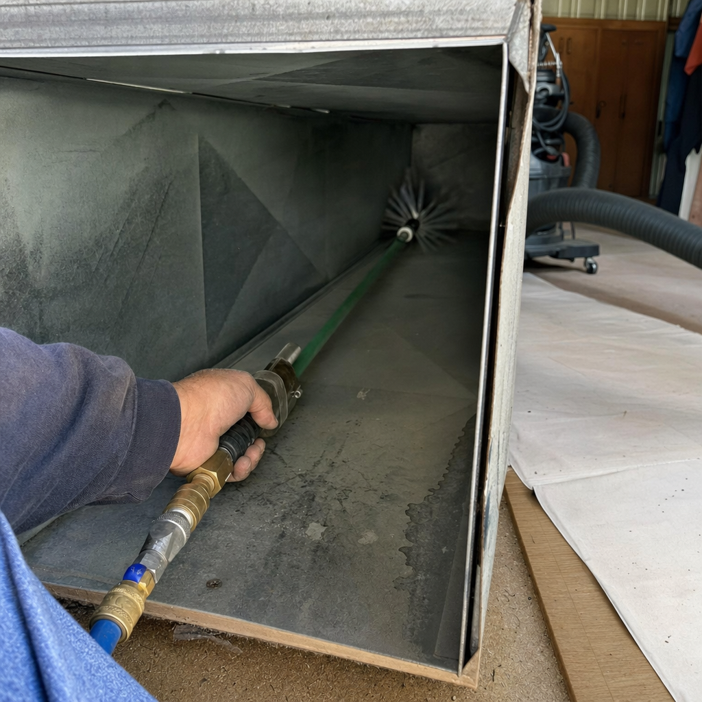 Professional air duct cleaning service using a rotary brush tool