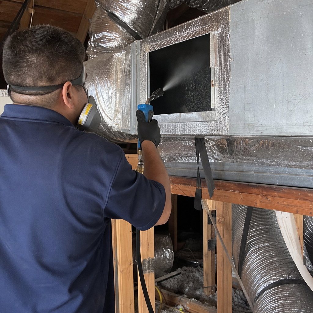 Technician performing professional air duct sanitizing and cleaning service in San Jose, CA