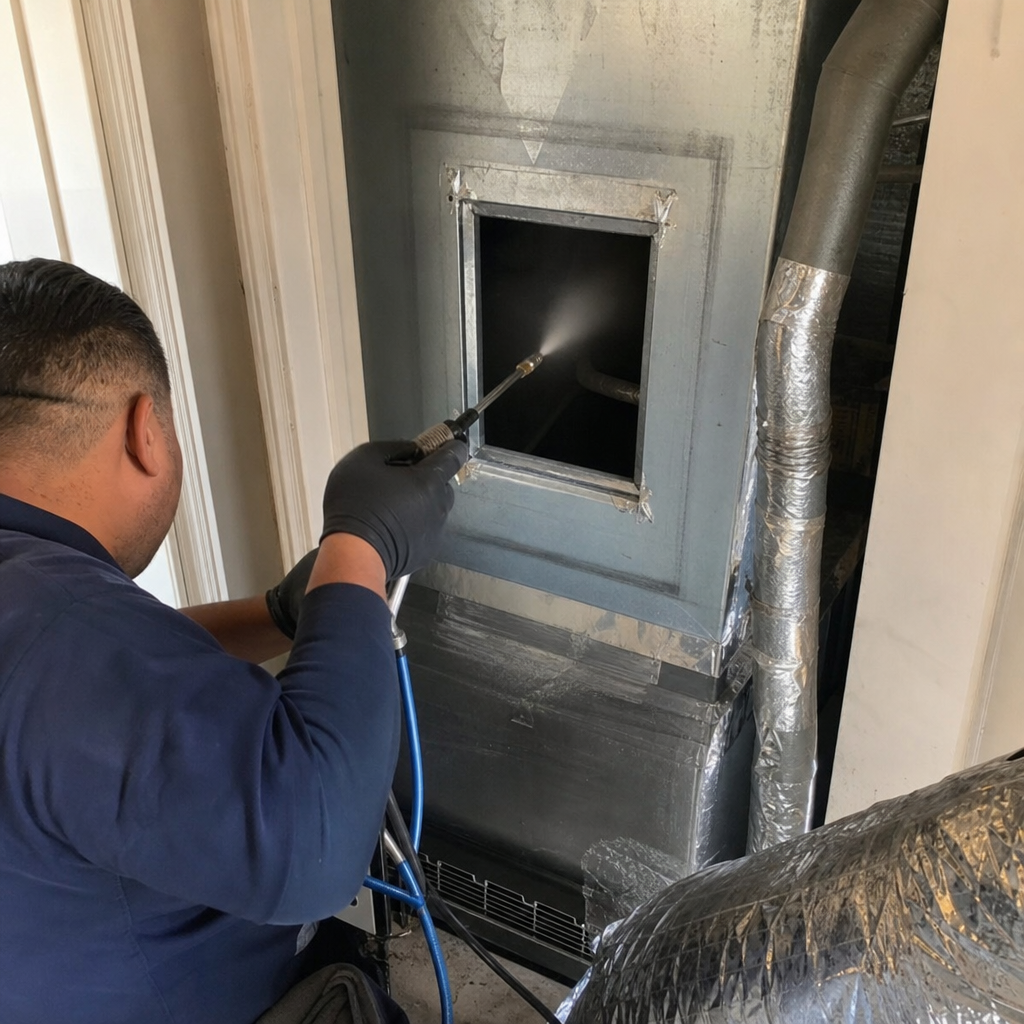 Technician performing professional HVAC air duct cleaning and sanitization service in San Jose, CA