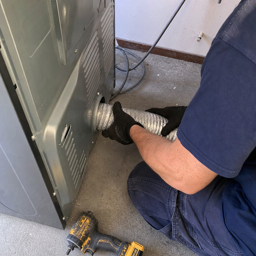 Technician connecting a dryer vent hose for professional maintenance service