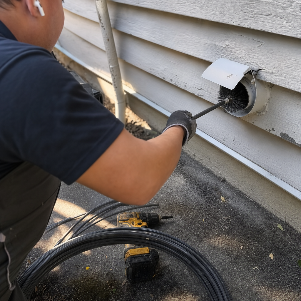 Technician performing professional dryer vent cleaning with a rotary brush tool