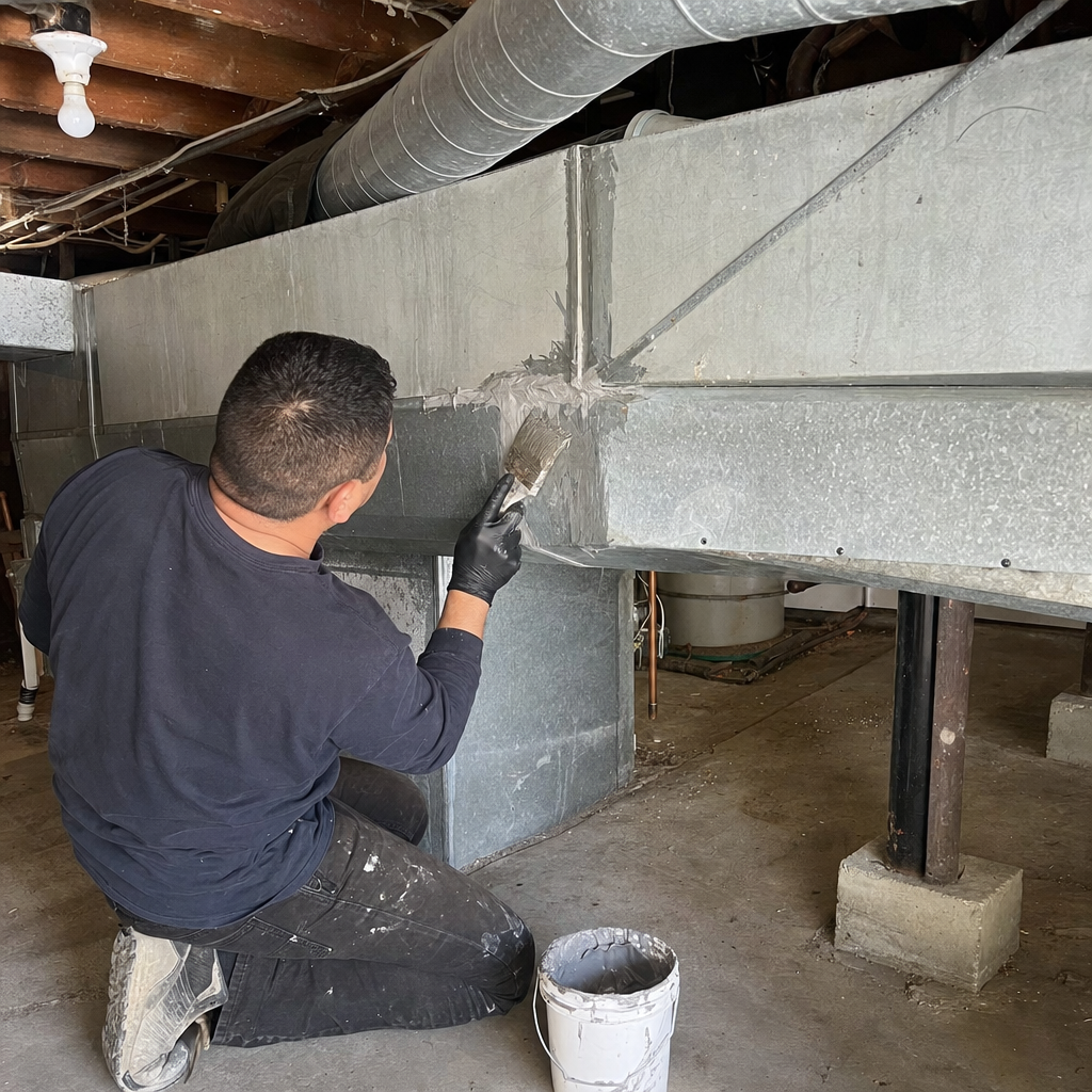 Professional technician applying sealant to metal HVAC ductwork seams in San Jose, CA