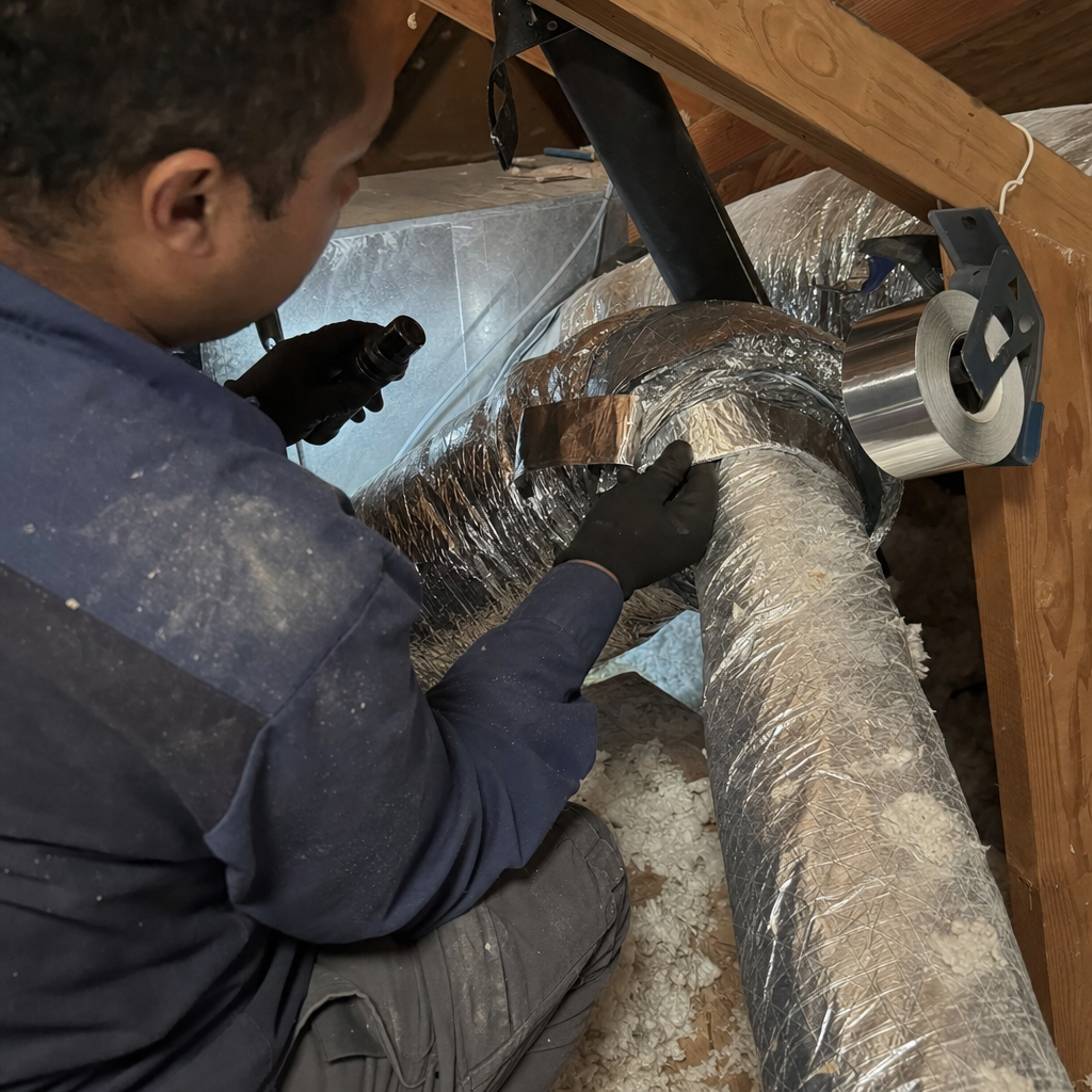 Technician performing professional air duct repair and sealing in an attic in San Jose, CA