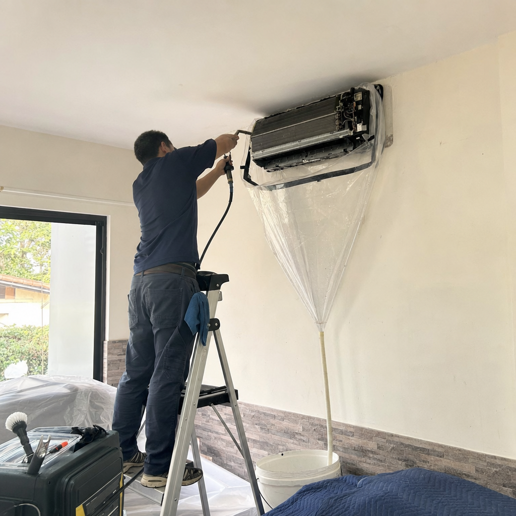 HVAC technician performing professional air conditioning unit cleaning