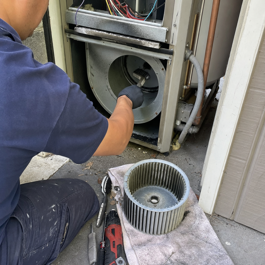 HVAC technician cleaning an air conditioning blower motor assembly