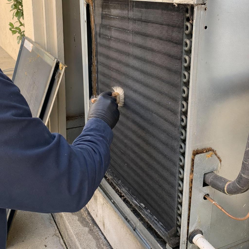 Technician performing professional HVAC condenser coil cleaning with a brush
